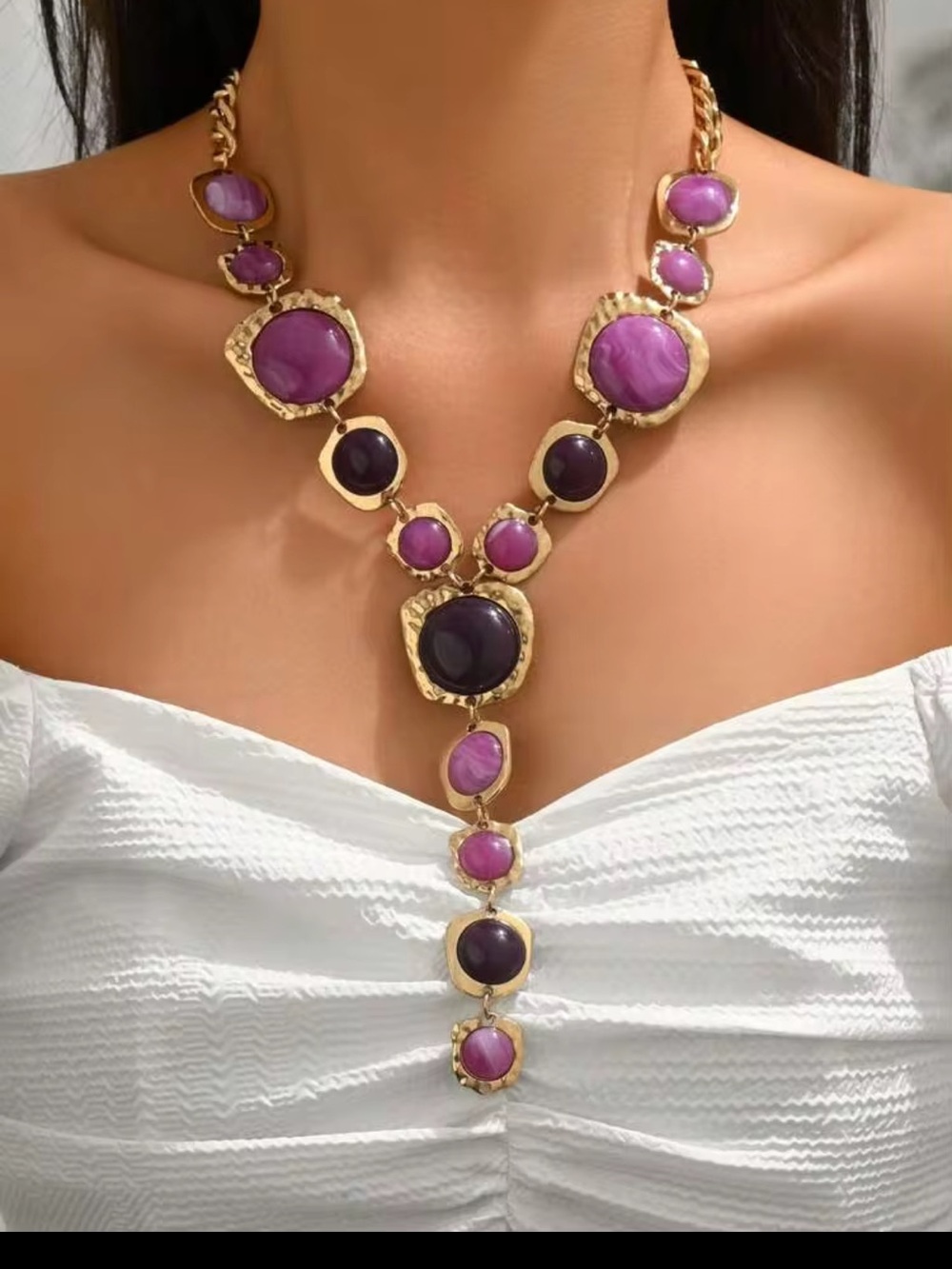 New! Gold-Tone Purple & Pink Acrylic Stones Statement Lariat Y-Necklace